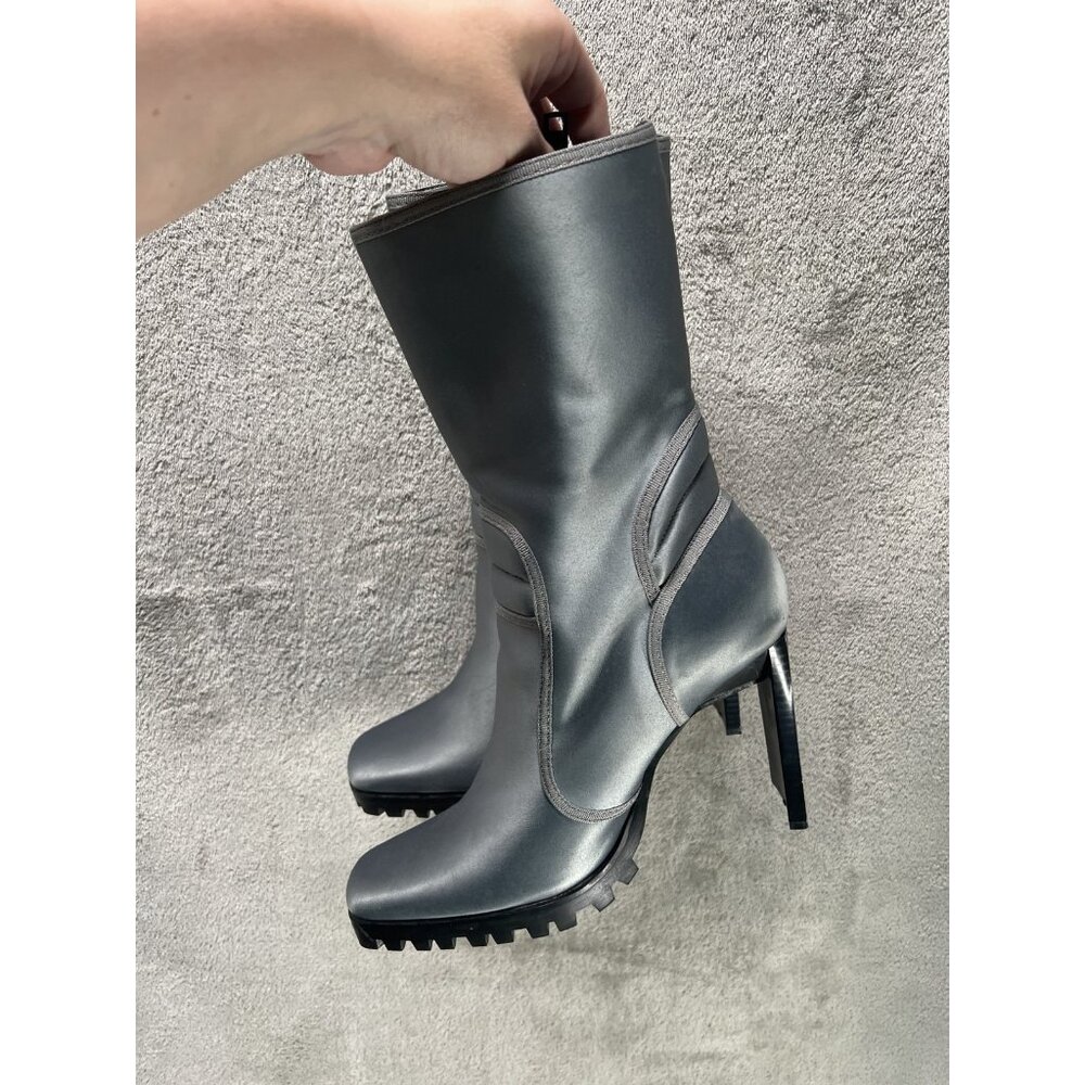 Dolls Kill Women’s 8 Poster Grl Slick Tricks Colorblock Booties Gray Blue Satin